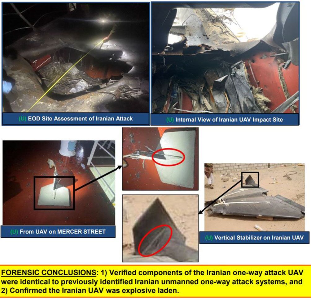 
        A CENTCOM slide shows the damage inflicted on the tanker 
        Mercer Street
         during the 30 July attack and compares the wreckage of the UAV to one recovered in Yemen in September 2020.   
       (US Central Command)