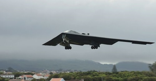A B-2 Spirit stealth bomber departs Lajes Field, Azores, on March 16, 2021. The B-2 will be outfitted with the M-Code-enabled MGUE Increment I GPS receiver.