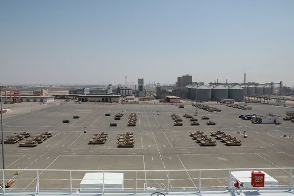 US Army vehicles that were unloaded at Yanbu's industrial port for onward shipment to Kuwait to test the Trans-Arabian Network during Logistics Exercise 21 in April. (US Army, 310th Expeditionary Sustainment Command)