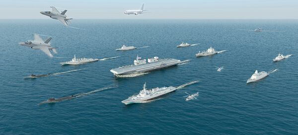 A CGI provided by the RoKN showing the future light aircraft carrier and its F-35B fighter aircraft, escorted by what appear to be KSS-III-class submarines as well as KDX-2-, KDX-3 Batch II-, and KDDX-class destroyers, and a Soyang (AOE-II)-class logistics support ship.  (RoKN)