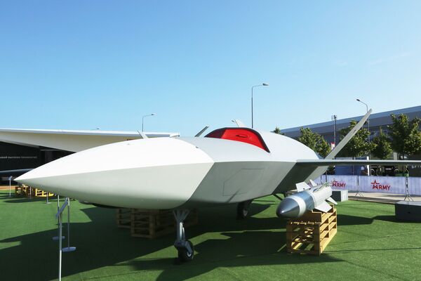 GROM UAV seen with Kh-58USkKE anti-radar missile at the Army 2021 exhibition. (Nikolai Novichkov)