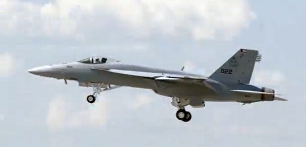 A screenshot from a Boeing video showing the final Super Hornet for Kuwait departing St Louis on its delivery flight to the US Navy. (Boeing)