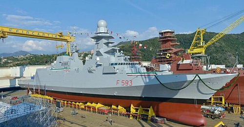 Italy's fourth FREMM multimission frigate, 
        
        , being prepared for launch. Indonesia has selected this design for its programme to procure follow-on ships to its Martadinata-class frigates.