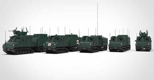 Sweden, Germany, and the UK are jointly procuring BvS10 ATVs from BAE Systems Hägglunds (left to right: troop transport, medical evacuation, logistics, command-and-control, and recovery versions).
