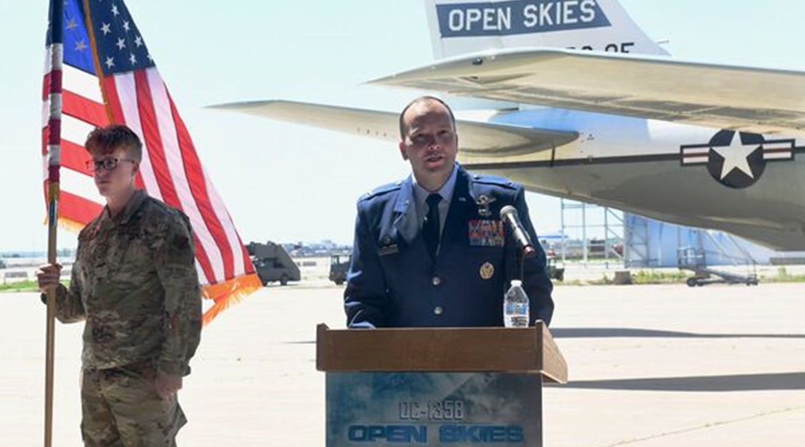 Colonel John Litecky, 55th Operations Group commander, gives opening remarks during the Open Skies 670 retirement ceremony at Lincoln Airport, Nebraska, on 4 June.