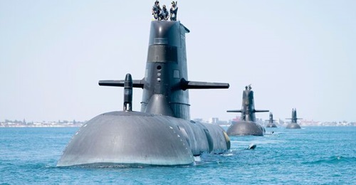 RAN Collins-class submarines HMAS 
        
        , HMAS 
        
        , HMAS 
        
         and HMAS
        
         in formation while transiting through Cockburn Sound, Western Australia, in February 2019. All six of the RAN's C...