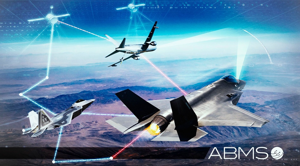 Concept art showing an ABMS-equipped KC-46A tanker connecting with F-22 and F-35 combat aircraft.