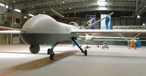A screenshot showing the Gaza UAV unveiled by Iran. The footage shows the air vehicle to be similar in appearance and size to the US-built MQ-9A Reaper
