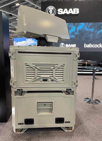 The deployable variant of Saab's Giraffe 1X radar displayed at DSEI 2023, which has been acquired by the UK military.