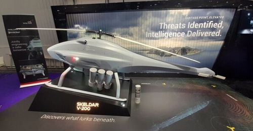 The new ASW sonobuoy dispensing capability, unveiled at DSEI in London, is based on the Skeldar V-200 vertical take-off and landing UAS.