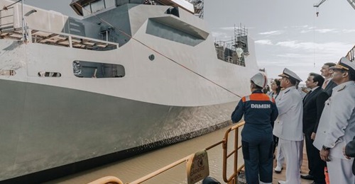 PNS 
        
        , one of the two OPV 2600-derived patrol vessels that Damen is constructing for the Pakistan Navy, seen here at its launch ceremony.