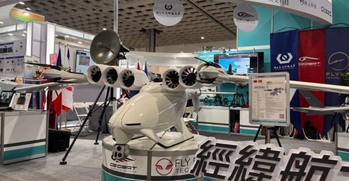 The Jackal UAV (pictured above) from TADTE 2023 has a length of 2.85 m, a height of 1.2 m, and a wingspan of 5.5 m.