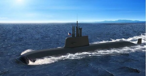 A computer-generated image of Hanwha Ocean's KSS-III-derived proposal for the Philippine Navy's submarine programme.