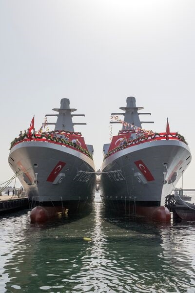 The first two Akhisar-class OPVs for the Turkish Navy were launched at Istanbul Naval Shipyard on 23 September.