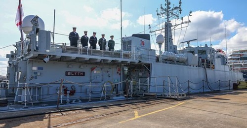 The Royal Navy's former Sandown-class minehunter, ex-HMS 
        
         is pictured during its decommissioning ceremony on 4 August 2021. The vessel was transferred to the Romanian Navy in September 2023.