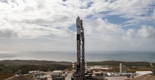 A SpaceX Falcon 9 loaded with a T0 payload for SDA's Proliferated Warfighter Space Architecture (PWSA) is pictured on the launch pad at Vandenberg Space Force Base.