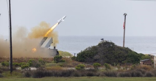 The US Marine Corps fires the Navy Marine Expeditionary Ship Interdiction System (NMESIS) at Naval Air Station Point Mugu, California, on 28 June 2023.
