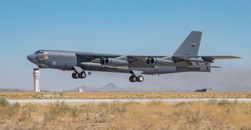 A B-52H Stratofortress takes off from Edwards Air Force Base, California, in 2021, to conduct a captive-carry flight test of the AGM-183A ARRW Instrumented Measurement Vehicle 2.