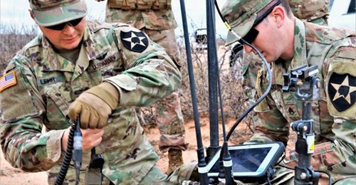 US Army soldiers conduct electronic warfare operations during field exercises at Camp Atterbury.