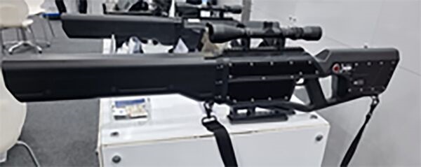 Duta Technology showcases its Wolf-II handheld drone jammer at ADEX 2023 in Seoul.