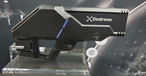 Dedrone displays the new version of the DedroneDefender jammer rifle at the Association of the United States Army's annual conference.