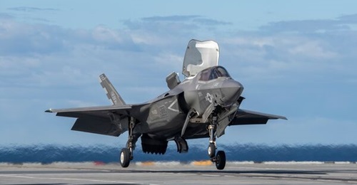 One of the two embarked F-35Bs from VX-23 completes an SRVL recovery to HMS 
        
         during DT-3 testing. The SRVL manoeuvre is designed to significantly increase bring-back payload.