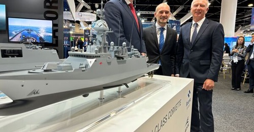 A model of the Tasman-class corvette, offered by Austal, Civmec, and Navantia Australia for the Royal Australian Navy's requirements, on display at Indo Pacific 2023.