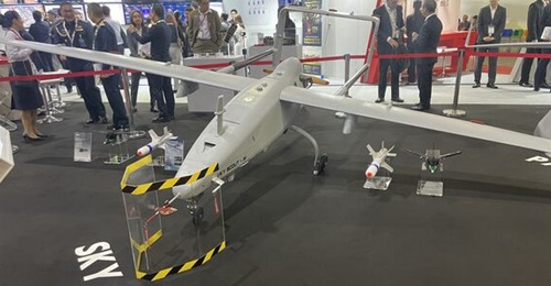 The Sky Scout-M combat UAV is being integrated with Edge Group's RASH-1M precision guided munition, which is seen under the UAV's wings on the far left and far right.