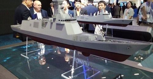 A model of Hanwha Ocean's FFX-III frigate on display at MADEX 2023 in Busan, South Korea.