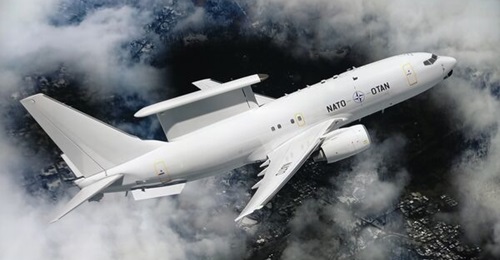 A rendered image of the Boeing E-7A Wedgetail AEW&C aircraft in NATO markings, showcased at the DSEI 2023 defence exhibition in London.