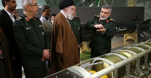 Iran's Supreme Leader Ali Khamenei is shown a cutaway model of the second stage of the Fattah-2 hypersonic missile during a visit to the IRGCAF museum in Tehran on 19 November 2023.