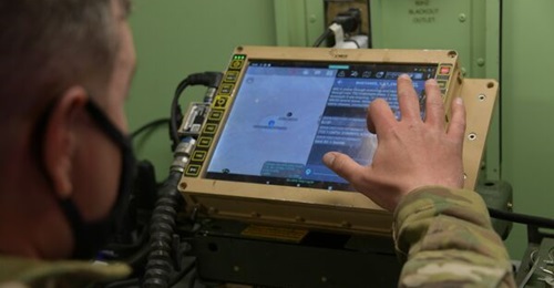 A soldier from the 11th Armored Cavalry Regiment (11th ACR) operates a Mounted Mission Command-Software (MMC-S)-based system during a training mission at Ft Irwin, California.