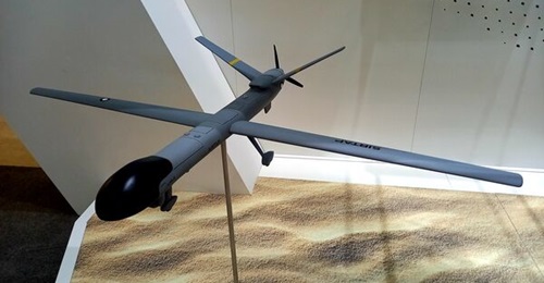 A model of the Airbus SIRTAP UAS, displayed in Paris at Eurosatory 2022.