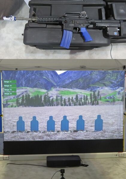 The components of the CAE-led partnership SVT solution demonstrated at I/ITSEC 23. The modified weapon (top) and the virtual range with instructions displayed on a screen (bottom).
