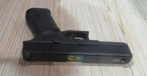 The Airsoft surrogate Glock pistol that Thales Training and Simulation has integrated into its Gladiator laser-based TESS. There are no additional attachments to the basic form factor.