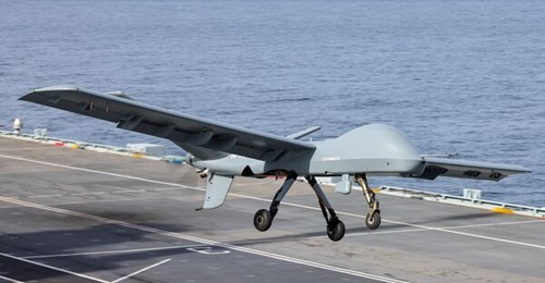 GA-ASI's Mojave STOL RPAS demonstrator takes off from HMS 
        
         on 15 November.