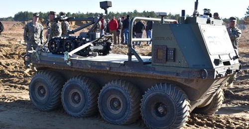 An RRAI Small Multipurpose Equipment Transport participates in an automated breaching experiment led by the 18th Airborne Corps at Fort Liberty, North Carolina.