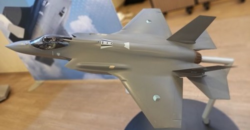 A model of Lockheed Martin F-35A in Czech colours at the IQPC International Fighter Conference on 6 November 2023.