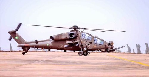 One of the NAF's two new T129 attack helicopters at Makurdi airbase.