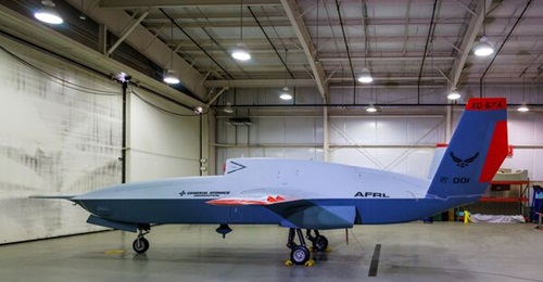 The GA-ASI XQ-67A OBSS in a hangar at an undisclosed location.