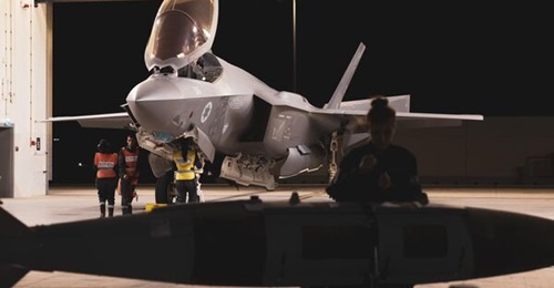 An Israeli Air Force F-35I seen being loaded with JDAM precision-guided bombs for use against targets in the Gaza Strip.