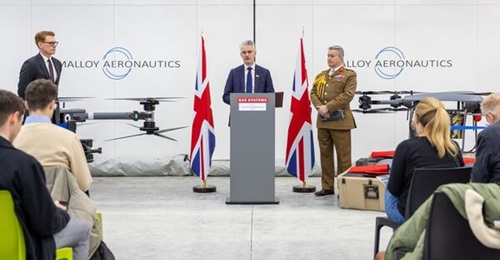 The Minister for Defence Procurement, James Cartlidge, unveiling the UK's Defence Drone Strategy at Malloy Aeronautics factory in Maidenhead in February 2024.