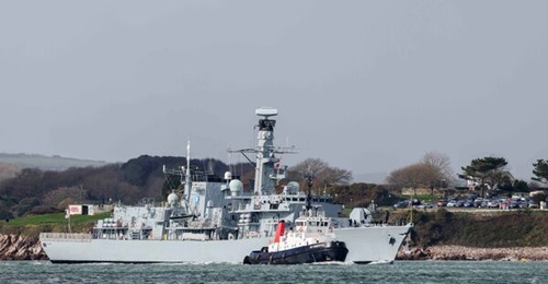 HMS 
        
         heads back out to sea after a longhaul refit at HMNB Devonport in Plymouth.