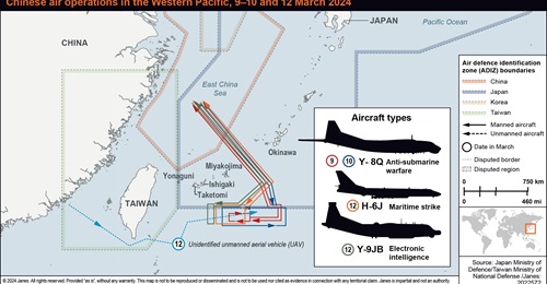 The Chinese PLA conducted air operation over the Western Pacific, in the vicinity of the Japan's southwestern islands and Taiwan on 9-10 and 12 March 2024.