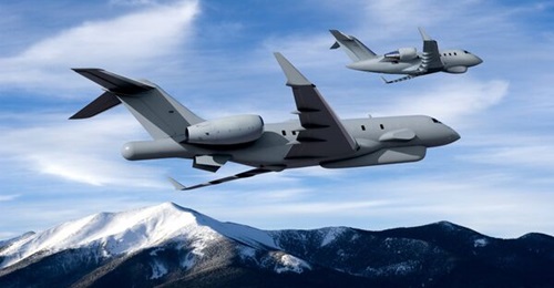 Special mission variants of Bombardier's Global and Challenger families of business jets fly in formation.