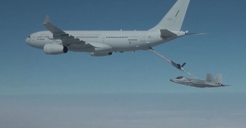 The fifth KAI KF-21 prototype takes on fuel from a Republic of Korea Air Force (RoKAF) A330 Multi Role Tanker Transport (MRTT) on 19 March 2024. This image is a screenshot from a Defense Acquisition Program Administration (DAPA) video of the event.