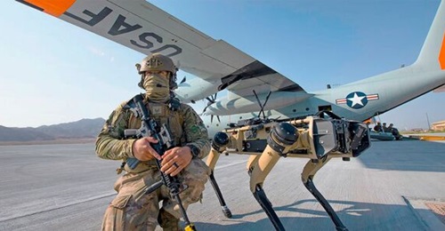 A Silvus Technologies StreamCaster radio mounted on a Ghost Robotics V60-legged unmanned ground vehicle (UGV).