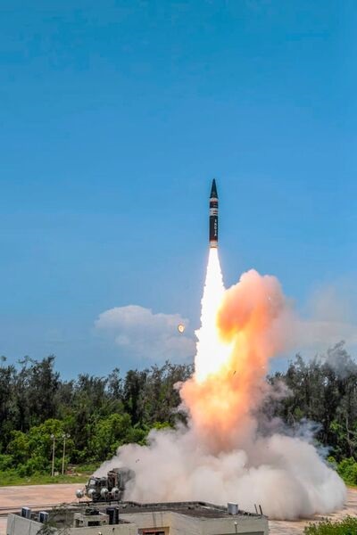 The Agni-Prime - pictured above from its first test firing in June 2021 - is a surface-to-surface missile with a length of 10 m. It has a conical-shaped re-entry vehicle in comparison with the Agni II's blunt biconic re-entry vehicle.