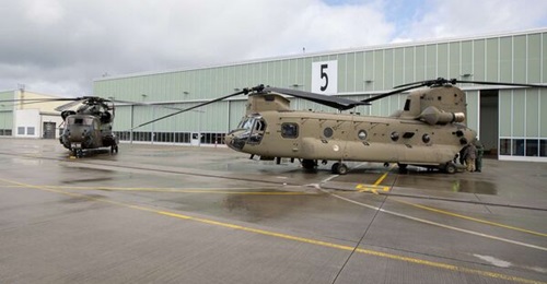 A Dutch Chinook (foreground) arrived at Holzdorf Air Base in mid-April to help the Luftwaffe prepare for the arrival of its own Chinooks into the station from 2027. In the background is a Luftwaffe CH-53G currently based at the location.