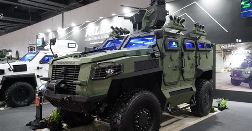 The Tarantula vehicle (pictured above from the DSA 2024 exhibition) is equipped with a remote-controlled weapon station with multiple machine guns - a 12.7 mm machine gun and a 7.62 mm co-axial machine gun - and 16 units of 76 mm grenade launchers.